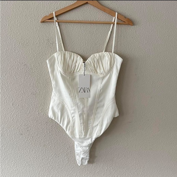 Zara NWOT linen blend ruched bust bustier top corset style ivory white bodysuit - Picture 5 of 7